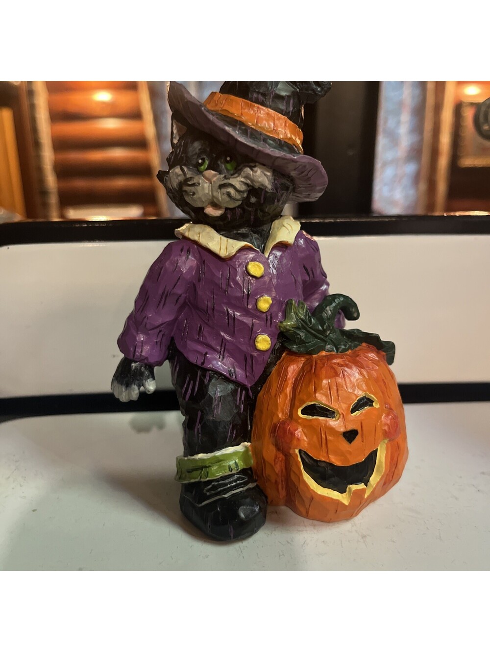 Halloween Black Cat Witch Figurine Pumpkin Base Resin Painted Fall Jackolantern